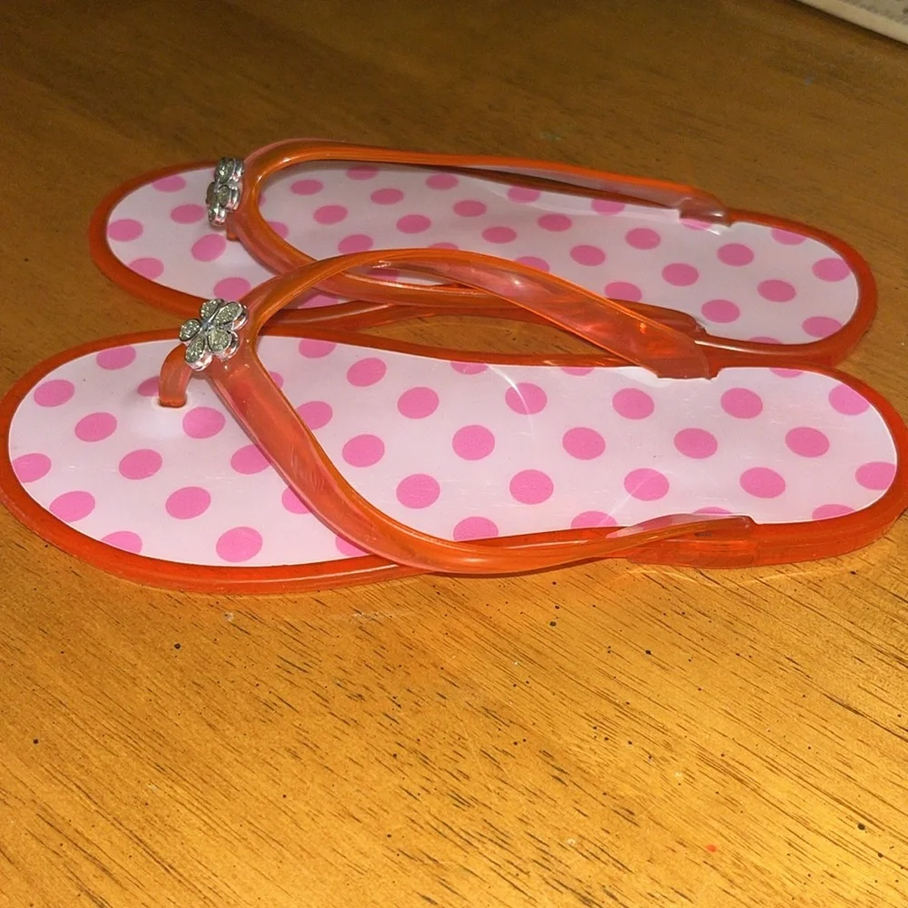 Girls Flip Flops size 1-2 Pink Black White Polka Dot Gem Flower Accent 2 Pair